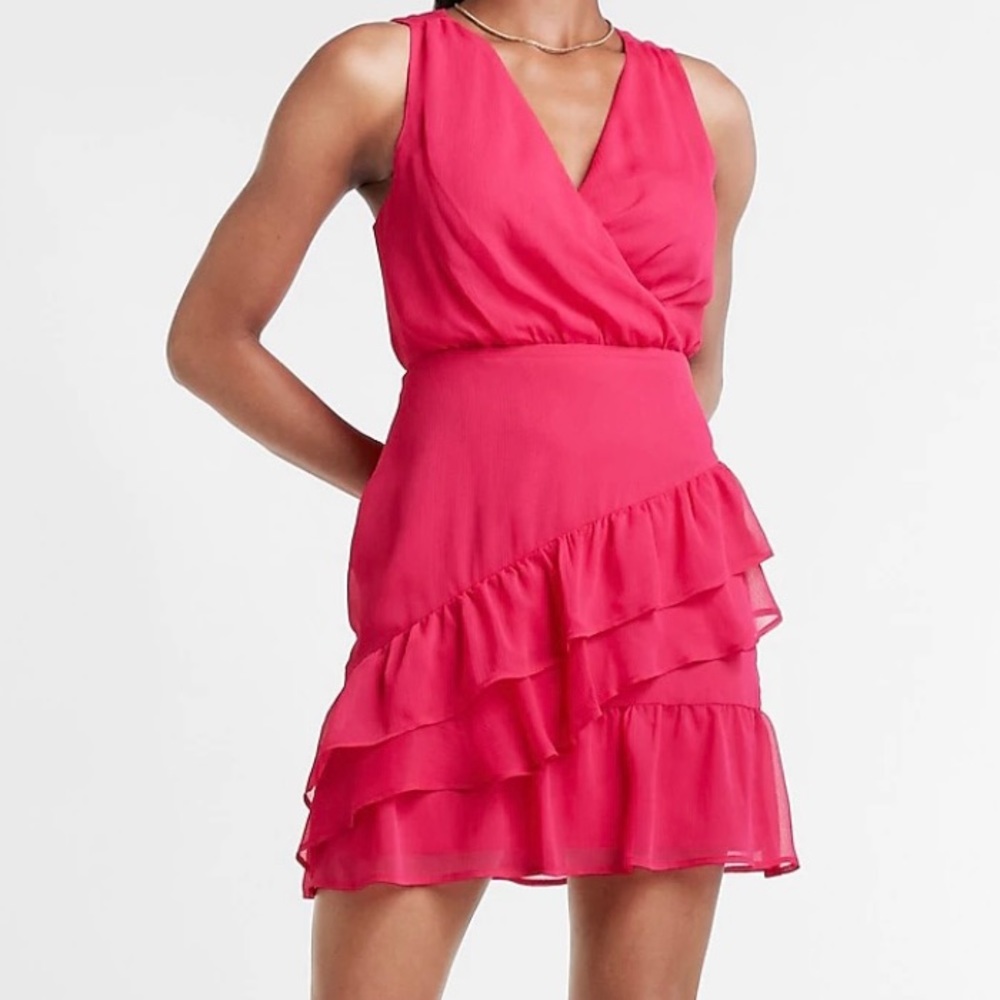 Express gorgeous fit and flair pink ruffle wrap dress XS